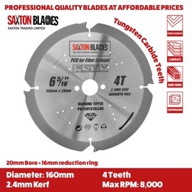 Saxton PCD Circular Saw Blade, 160mm x 4 Teeth x 20mm Bore, Polycrystalline Diamond Tipped Fibre Cement Board, Hard Materials