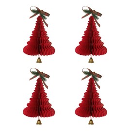 Joaecosmhui 3D Christmas Tree Red Honeycomb Paper Christmas Figures with Bells and Tree Branches DIY Decoration for Table and Parties (Pack of 4-E)