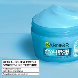 Garnier Hyaluron Fresh & Plump Hydrating Sorbet Cream, 4% Hyaluronic Acid & Niacinamide, Ultra Fresh & Light, For Dehydrated Skin, Cruelty Free Intern