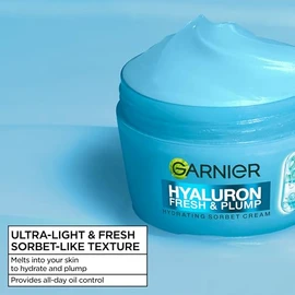 Garnier Hyaluron Fresh & Plump Hydrating Sorbet Cream, 4% Hyaluronic Acid & Niacinamide, Ultra Fresh & Light, For Dehydrated Skin, Cruelty Free Intern