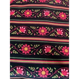 1 Yard Black Stripe With Pink Flowers 42” Wide 100% Cotton