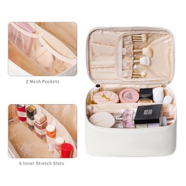 Onilife Travel Makeup Bag, Portable Cute Cosmetic Bag Large Make Up Organizer Case Toiletry Bag for Women Girls with Handle and Removable Divider, Beige