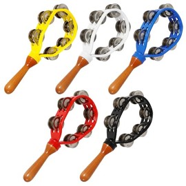 Boao 5 Pack 12 Inch Tambourine for Adults Double Row Metal Jingles Hand Held Tambourine Plastic Wooden Hand Percussion Instrument Musical Bells for Holiday School Party Church Concerts