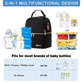 BABEYER Breastmilk Cooler Bag with Ice Pack Fits 6 Baby Bottles up to 270ml, Breastmilk Pump Bag with Shoulder Strap for Nursing Mom Daycare, Travel, Work, Black