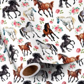 RUSPEPA Horse Wrapping Paper Roll for Boys Girls, Mini Roll, Watercolor Swith Galloping Horses and Floral Design Gift Wrap Paper Perfect for Birthday, Western Party, Farm Theme, 17 Inches x 16.4 Feet