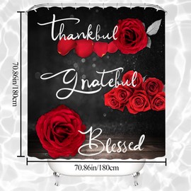 4Pcs Red Rose Shower Curtain Sets, Thankful Grateful Blessed Bathroom Curtain with Non-Slip Rug, Toilet Lid Cover, Bath Mat and 12 Hooks, Romantic Showy Floral Wedding Decor for Bath, 72 x 72 inch