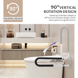 KUAFU 23.6 Inch Handicap Grab Bars Flip Up Folding Toilet Grab Bar Rails Bathroom Safety Bar Hand Support for Disabled Elderly Pregnant Woman Wall Mounted Aluminum Silver