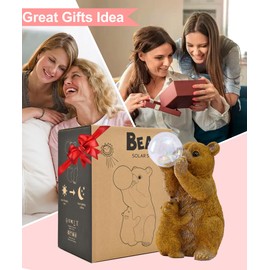 Garden Brown Bear Statues with Solar Light Resin Waterproof Figurines，Bear Gifts for Outside Yard Patio Mum Birthday Gifts