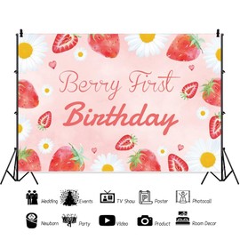 Canessioa Berry First Birthday Backdrop Strawberry Daisy Party Decorations Background Sweet Pink Strawberry Pink Baby Shower Background Strawberry Theme 1st Birthday Party Studio Props 7x5ft