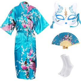 CRFASIBE Japanese Kimono Robe for Women, Traditional Japanese Party Costume, Long Peacock Robe, Kimono Mask, Hand Fan Socks Set, blue
