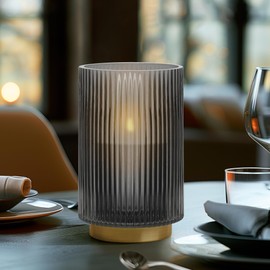Torre & Tagus 7" Grey Glass Vase for Flowers & Ribbed Hurricane for Pillar Candles with Gold Metal Trim, Clear Black Ribbed Glass Vase for Flowers, Home Decor & Wedding Gift (Adele Cylinder Vases)