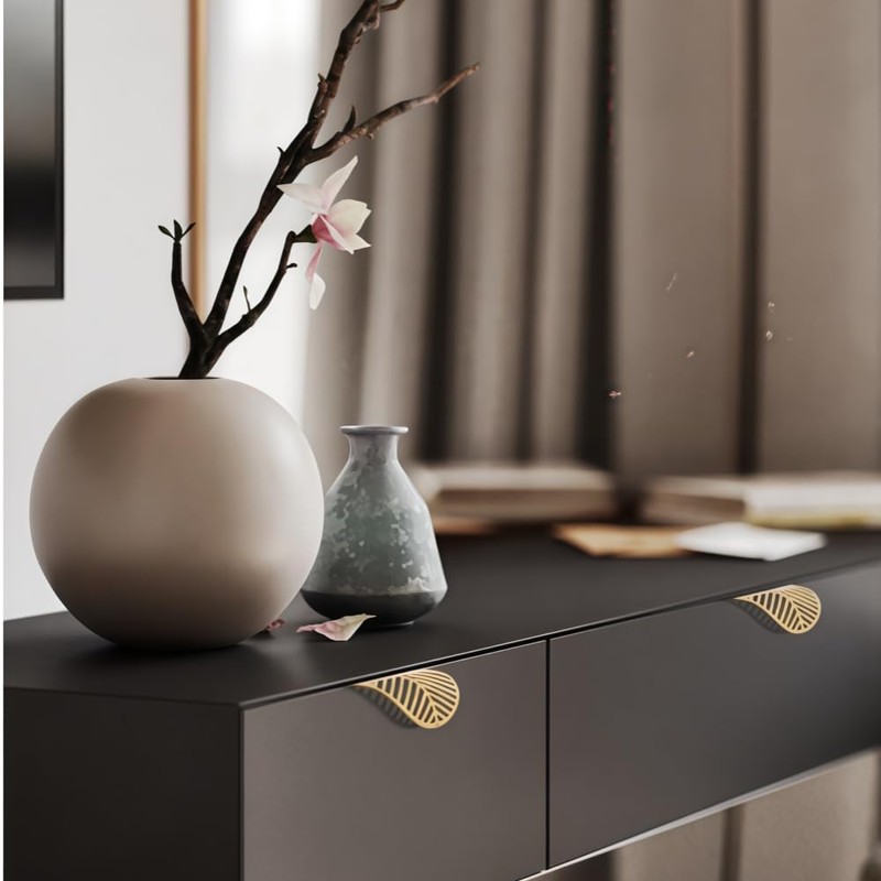 uvbws 2PCS Leaf Cabinet with Solid Brass Edge Handle, Brushed