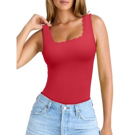 PINKMSTYLE Square Neck Cute Tank Tops Double Lined Lace Sleeveless Trendy Tops for Women 2025 Red Small