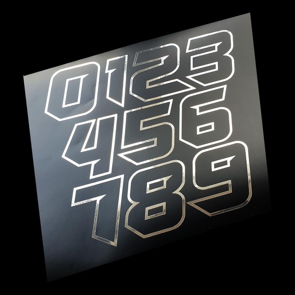 Race Numbers Silver Chrome Outline Vinyl Decal Graphics x 6