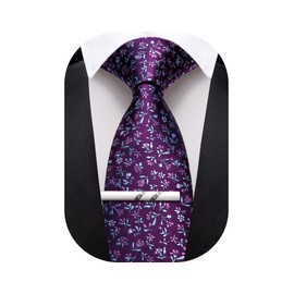 Barry.Wang Purple Ties for Men Floral Tie Necktie and Tie Clip Wedding Business Flower Formal