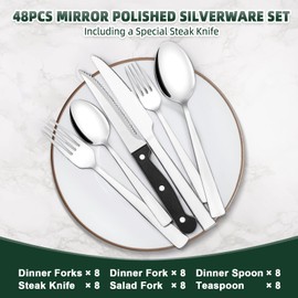 48-Piece Silverware Set, CEKEE Stainless Steel Flatware Set for 8 with Steak Knives, Mirror Polished Kitchen Utensils Set, Tableware Cutlery Set for Home, Dishwasher Safe - Spoons and Forks Set