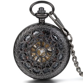 JewelryWe Classic Hand-Wind Mechanical Pocket Watch Skeleton Black Hollow Spider Web Case with Chain Belt