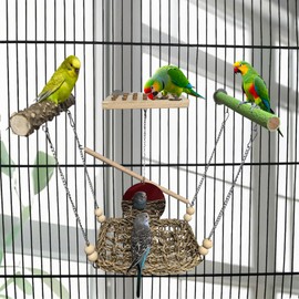 EALACRITAS Parrot Playground Set - Cage Hanging Perches with Natural Wood Stands, Seagrass Swing, Fun Chewable Platforms, and Dual-Sided Mirror for Parrots (Cork-C-Perch)