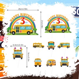 25pcs School Bus 3rd Birthday Party Supplies, School Bus Cupcake Toppers Decoration, Back to School Happy Birthday Cupcake Toppers Decorations, Boys and Girls Kindergarten Decorations (School Bus 3rd)