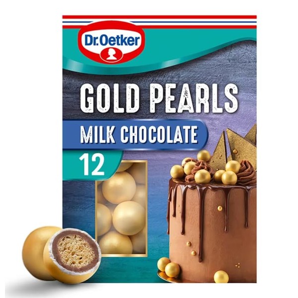 Dr Oetker | 12 Milk Chocolate Gold Pearls 36G | Crispy Pearls with a Milk Chocolate (49%) and Sugar Coating | Great on cupcakes and whole cakes | Suitable for vegetarians