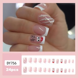 24pcs Christmas False Nails French Short,Christmas Elk & Nude Pink Fake Nails,Pink Press on Nails with Glue,Elk&French Long Lasting Full Cover Stick on Nails for Women&Girls Manicure Decorations