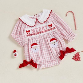 Baby Girl Christmas Outfit Santa Bubble Romper Long Sleeve Doll Collar Plaid Jumpsuit Boutique Fall Clothes (Pink Merry Bow, 0-3 Months)