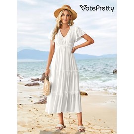 VOTEPRETTY Women's 2024 Summer Beach Fashion Maxi Dresses Boho Short Sleeve V Neck Flowy Vacation Outfits Tiered Long Sundress(White,XL)
