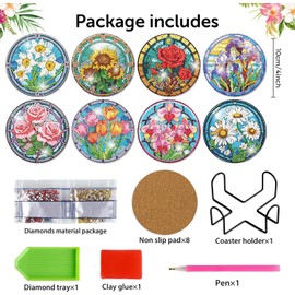 croshom 8 PCS Flowers Diamond Art Coasters Diamond Painting Coasters Kits with Holder Flower DIY Coaster for Beginners, Adults, Diamond Art Crafts Supplies