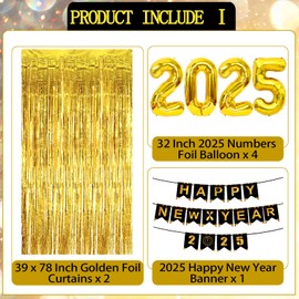 Happy New Years Eve Party Supplies 2025 - New Year Party Decorations 2025 Kit Includes Foil Balloons, Banner, Fringe Curtains, New Year Hats Glasses for New Years Eve Decorations Supplies