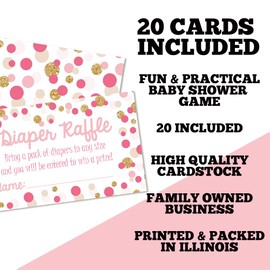 Polka Dot Pink & Gold Themed Diaper Raffle Tickets for Girl Baby Showers, 20 2" X 3” Double Sided Insert Cards for Games by AmandaCreation, Bring a Pack of Diapers to Win Favors & Prizes!