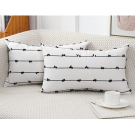 NUYECY Set of 2 Boho Lumbar Throw Pillow Covers 12x20,Black Off White Neutral Couch Pillow Case with Tassel Fringe Decorative，Modern Accent Farmhouse Cushion Covers for Sofa Couch Bed Living Room