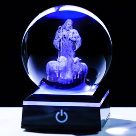 YWHL 80mm 3D Crystal Good Shepherd Statue Ball with Colorful Base Laser Engraved Jesus Figurine for Religious Gifts for Women Men on Christmas, Christian Catholic Church Keepsakes