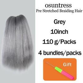 Osuntress Braiding Hair Pre Stretched 10 Inch 4 Packs, Short Hair Extensions for Braids, Synthetic Braiding Hair Prestretched Gray