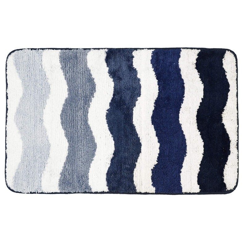 Blue Microfibre Soft Tufted Waves Design Bath Mat Rug Non-Slip