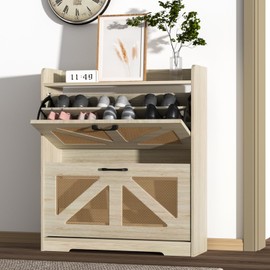 TOOBVEST Rattan Shoe Storage Cabinet with 2 Flip Drawers, Freestanding Open Organizer with Metal Handle, Flip Down Hidden with Wooden Feet, Slim Narrow Shoe Rack for Entryway, Foyer, Hallway, Nature