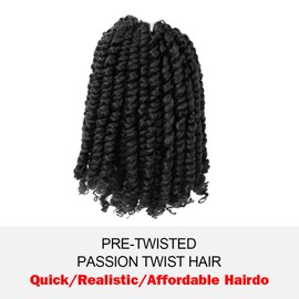 WUDAS Short Passion Twist Hair 6 Inch Pre-twisted Passion Twists Crochet Hair Jet Black Pre-looped Synthetic Crochet Braids (8 Packs,1#)