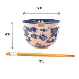 Urban Tokyo Handpainted Ceramic Glazed Japanese Ramen Udon Noodle Rice Bowl With Chopsticks 20 fl oz 5 inch Diameter Bowl Sets Color Box Packaging (Oriental Dragon Blue)