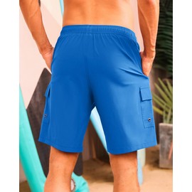 SILKWORLD - Traje de baño para hombre con forro de compresión, secado rápido, pantalones cortos de natación de 9 pulgadas con bolsillos tipo cargo, azul mar, Large