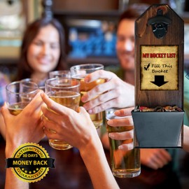 "Cheers to Good Friends." Bottle Opener and Cap Catcher - Handcrafted by a Vet - 100% Solid Pine 3/4" Thick - Rustic Cast Iron Opener and Galvanized Bucket - Unique Gift