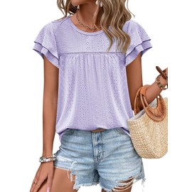 Short Sleeve Tops for Women 2025 Summer Fashion U Neck Blouse Flowy Pleated Tiered Babydoll Tunic Shirts Purple L