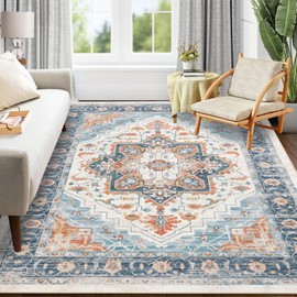 Pauwer Washable Area Rug 8x10, Large Boho Living Room Area Rugs, Soft Vintage Bedroom Rug Carpet, Non Slip Low-Pile Distressed Accent Rug for Dining Room Entryway Dorm, Blue