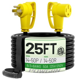 POWGRN 50 Amp RV/EV Extension Cord 25 FT Outdoor with Grip Handle, Flexible Heavy Duty 6/3+8/1 Gauge STW 4 Prong RV Power Cord Waterproof, NEMA 14-50P to 14-50R, Black-Yellow, ETL Listed