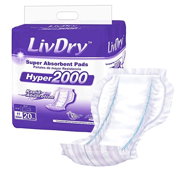 LivDry Incontinence Pad Insert for Men and Women | Extra Absorbency with Odor Control (Hyper 2000 (20 Count))