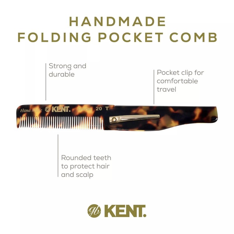 Kent 20T Handmade Folding Pocket Comb for Men, Fine Tooth