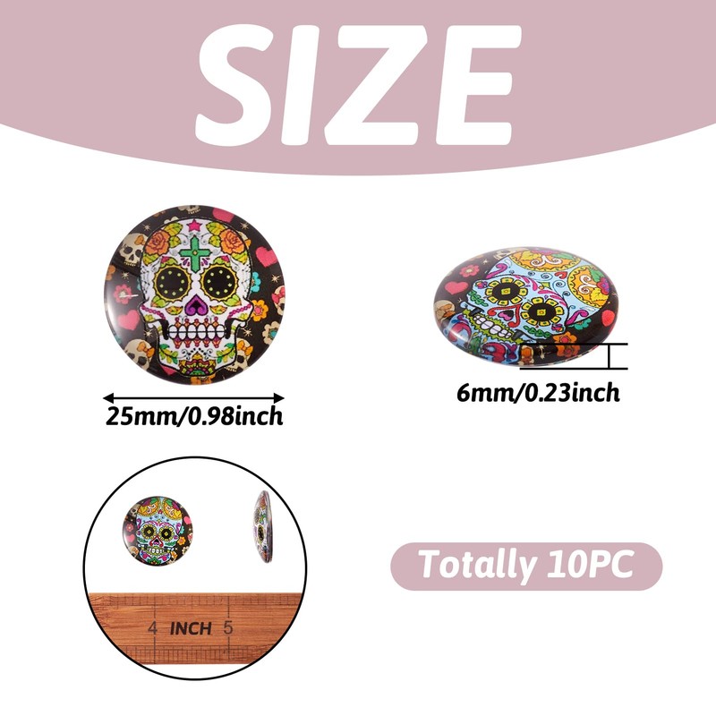 Craftdady 10pcs 25mm Assorted Skull Patterns Glass Cabochons Flatback Half