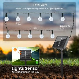 DomiHue Solar Lights Outdoor Waterproof, Total 36ft 60 LEDs Crystal Globe Lights with 8 Modes, Solar String Lights for Outside, Patio Porch Garden Yard Christmas Wedding Party Decor (Warm White)
