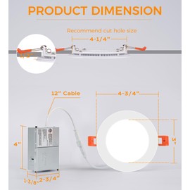 CLOUDY BAY 12 Pack 4 Inch 5CCT Ultra-Thin LED Recessed Ceiling Light with Junction Box,2700K/3000K/3500K/4000K/5000K Selectable,10W Dimmable Canless Wafer Downlight,White, 650LM High Brightness