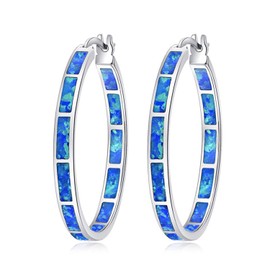 CiNily Blue Opal Hoop Earrings for Women,Big Hoop Earrings Large Opal Jewelry Rhodium Plated Gemstone Earrings 32mm