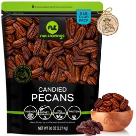 NUT CRAVINGS - Candied Pecans Honey Glazed Praline, No Shell (80oz - 5 LB) Bulk Nuts Packed Fresh in Resealable Bag - Healthy Protein Food Snack, Food Assortments