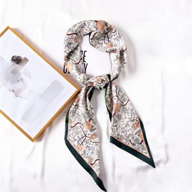 Camilife Women's / Girls' Faux Silk Long Narrow Silk Scarf Neckerchief Elegant Tie Scarf Gentle Hair Scarf Hair Accessory Belt 14 x 150 cm - Checked, B Floral Pattern - Dark Green (14×150cm)